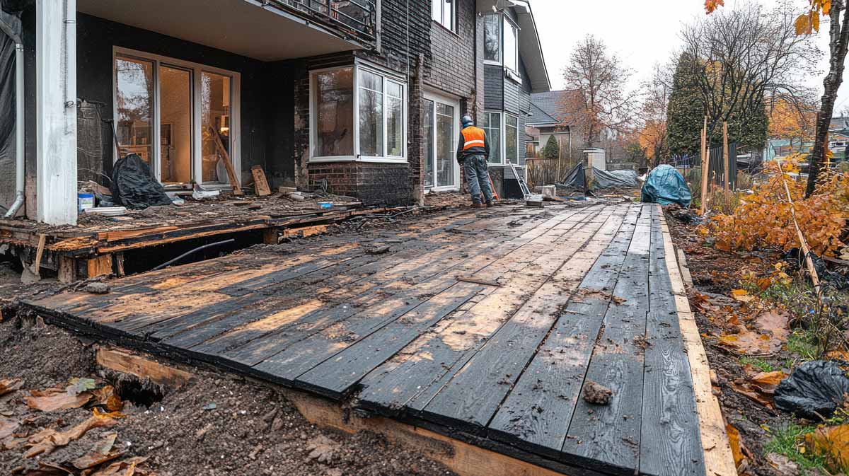 Old, rotted wooden deck, mid-demolition